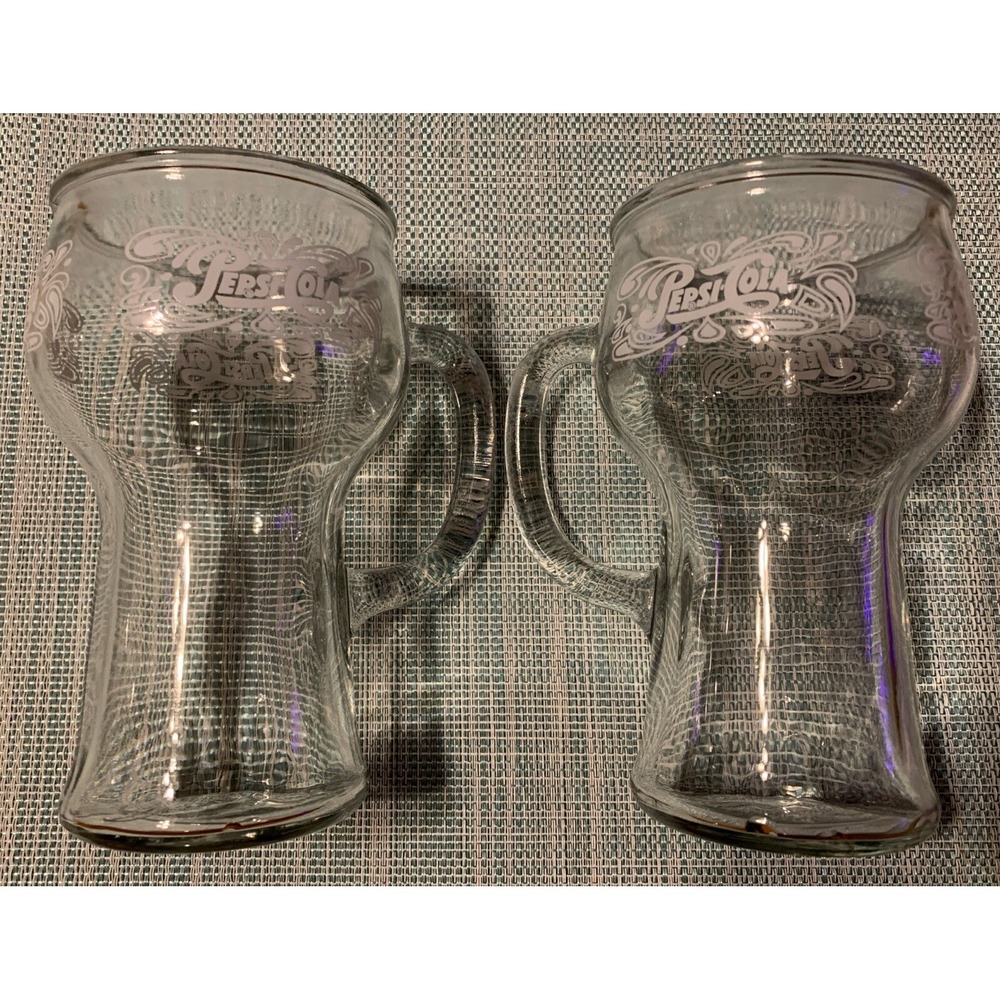 Vintage Set Of (2) 1970's Pepsi Cola 16 Ounce Handled Mug Glass Embossed Logo